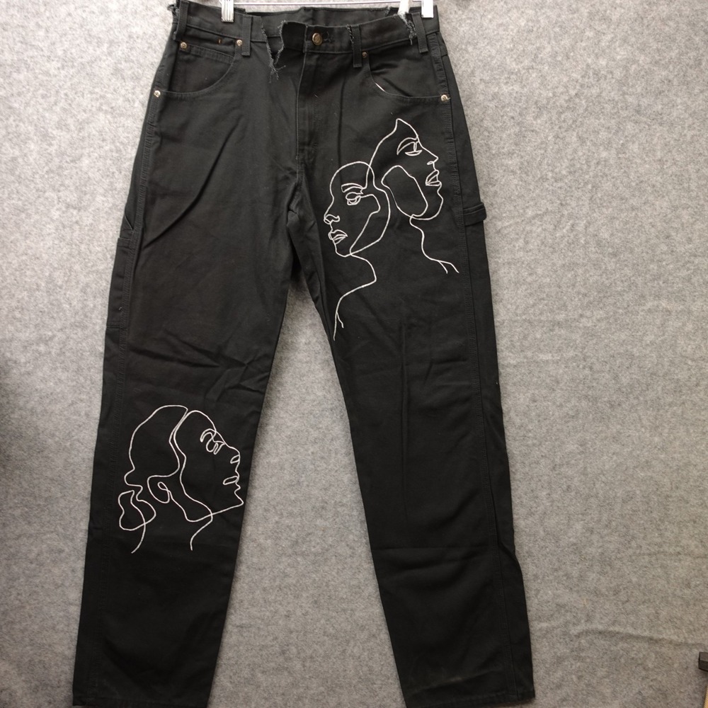 Dickies Carpenter Pants Men 32x34 Black Hand Painted Art to Wear Distressed FLAW
